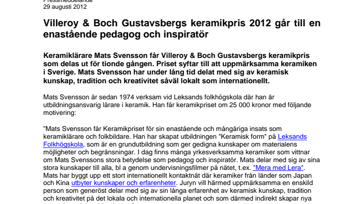 Villeroy & Boch Gustavsbergs keramikpris 2012 går till en enastående pedagog och inspiratör 