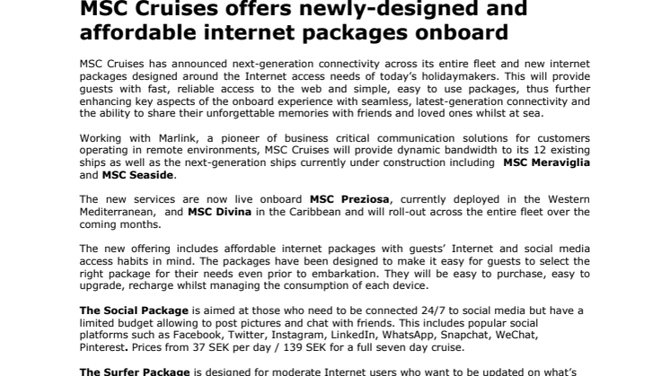 MSC Cruises offers newly-designed and affordable internet packages onboard
