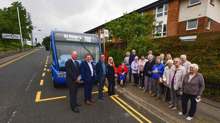 Huw Lewis Nexus Customer Service Director, Stephen King Go North East Commercial Director, Keith Merrin Director National Glass Centre and Chief Executive Sunderland Culture, and Councillor Amy Wilson, with residents and staff from Chillingham House