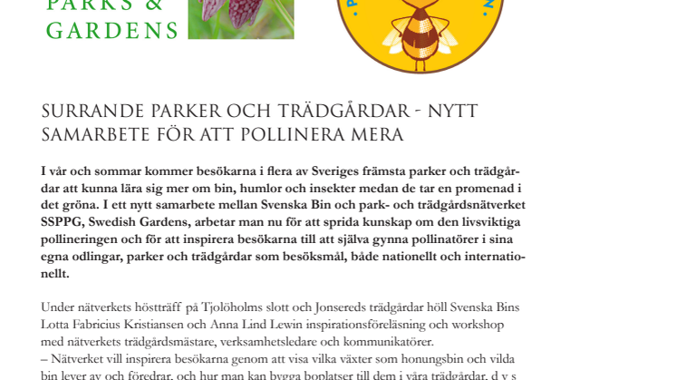 Pressmeddelande från SSPPG: Surrande parker och trädgårdar - nytt samarbete för att pollinera mera