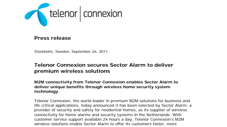 Telenor Connexion secures Sector Alarm to deliver premium wireless solutions