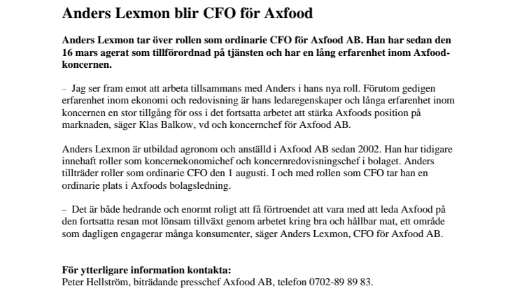 Anders Lexmon blir CFO för Axfood