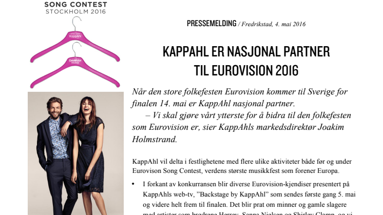KAPPAHL ER NASJONAL PARTNER  TIL EUROVISION 2016 
