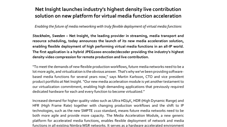 Net Insight launches industry's highest density live contribution solution on new platform for virtual media function acceleration
