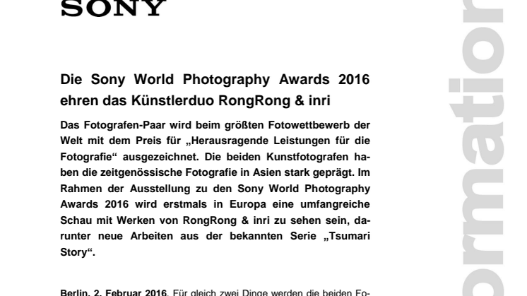 Die Sony World Photography Awards 2016 ehren das Künstlerduo RongRong & inri  