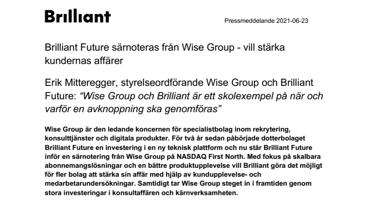 Pressmeddelande_Brilliant Future särnoteras från Wise Group - vill stärka kundernas affärer
