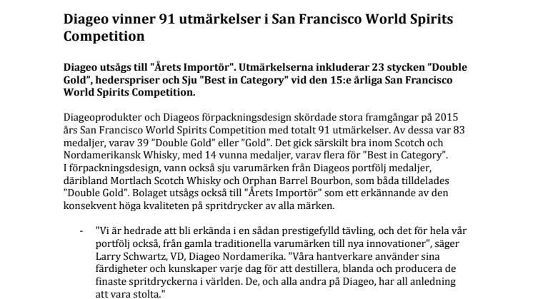 Diageo vinner 91 utmärkelser i San Francisco World Spirits Competition