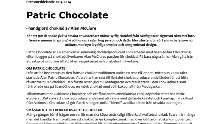 Nylansering av Patric Chocolate från ScandChoco 