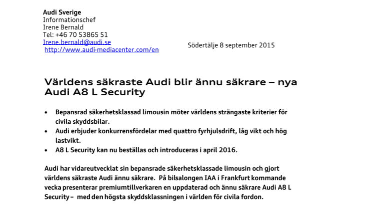 Världens säkraste Audi blir ännu säkrare – nya Audi A8 L Security