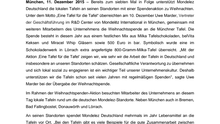 „Eine Tafel für die Tafel“ – Mondelez Deutschland überreicht Weihnachtsspende an Münchner Tafel