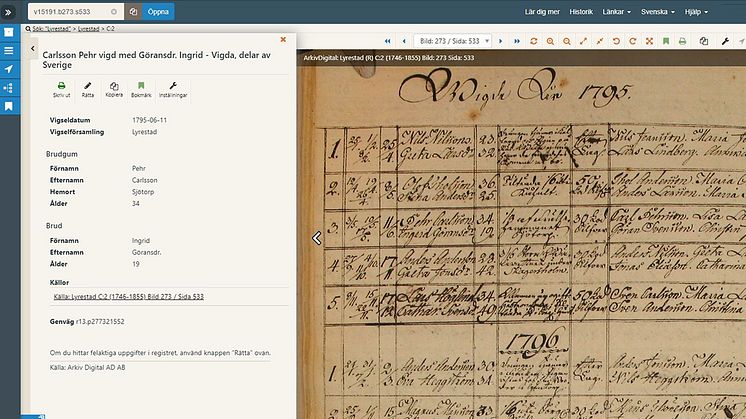 Ett exempel på hur det ser ut när man söker i ArkivDigitals vigselregister.