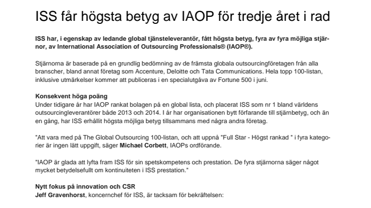 ISS får högsta betyg av IAOP för tredje året i rad