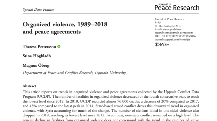 Organized violence, 1989–2018 and peace agreements
