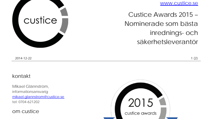 Custice Awards 2015 – Nominerade som bästa inrednings- och säkerhetsleverantör
