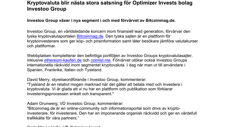 Kryptovaluta blir nästa stora satsning för Optimizer Invests bolag Investoo Group
