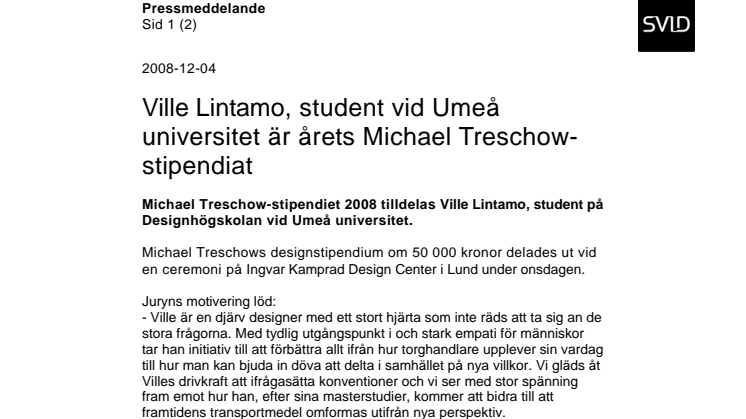 Ville Lintamo, student vid Umeå universitet är årets Michael Treschow-stipendiat