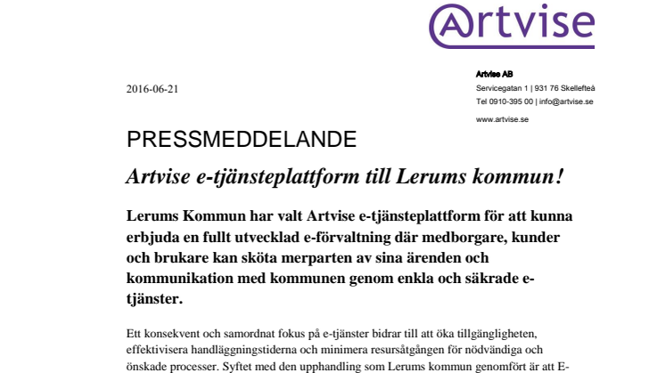 Artvise e-tjänsteplattform till Lerums kommun!