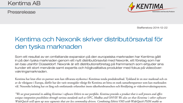 Kentima och Nexonik skriver distributörsavtal för den tyska marknaden