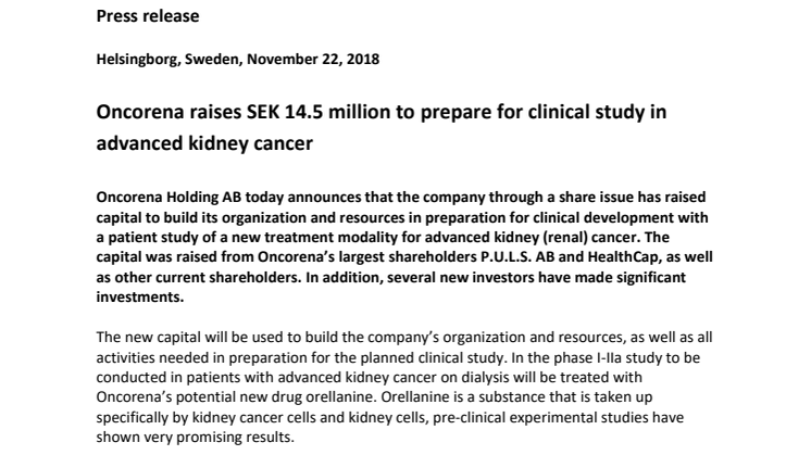Oncorena raises SEK 14.5 million to prepare for clinical study in advanced kidney cancer
