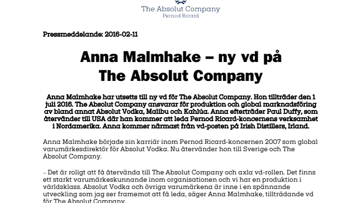 Anna Malmhake – ny vd på  The Absolut Company