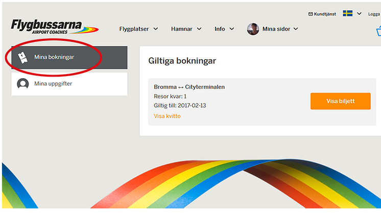 På "Mina sidor" på Flygbussarnas webbplats får kunden information om bland annat giltiga och förbrukade biljetter.
