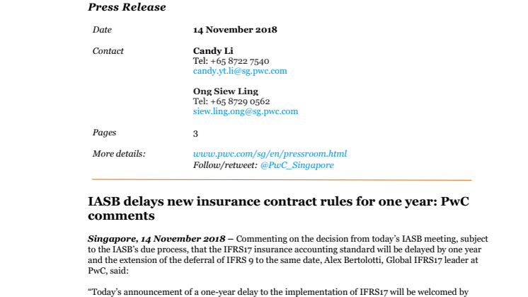 IASB delays new insurance contract rules for one year: PwC comments