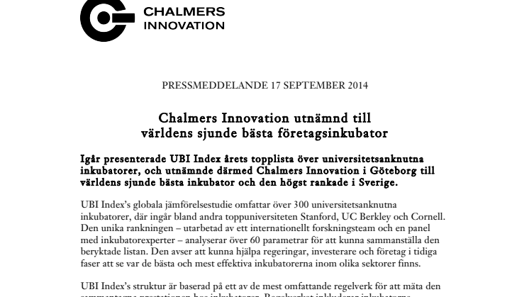 Chalmers Innovation utnämnd till  världens sjunde bästa företagsinkubator