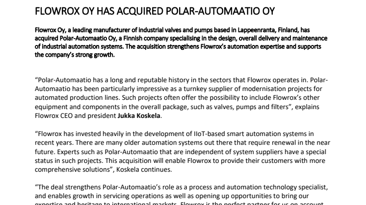   Flowrox Oy Acquires Polar-Automaatio Oy