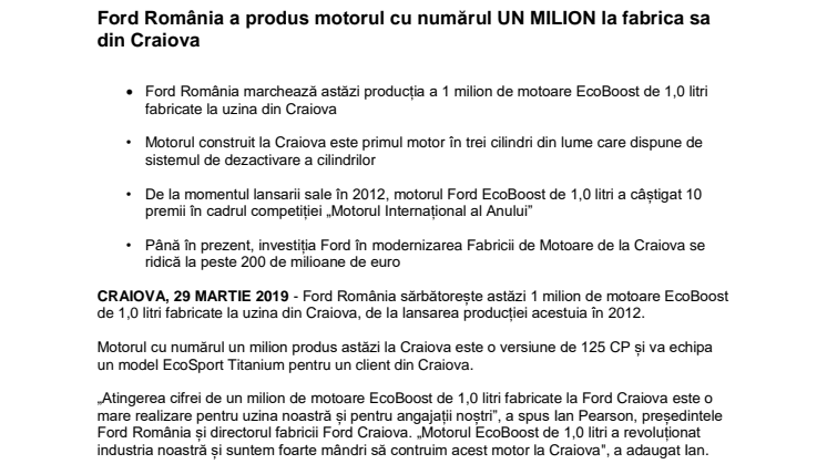 ​Ford România a produs motorul cu numărul UN MILION la fabrica sa din Craiova