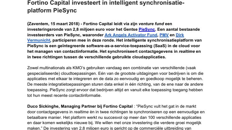 Fortino Capital investeert in intelligent synchronisatie-platform PieSync