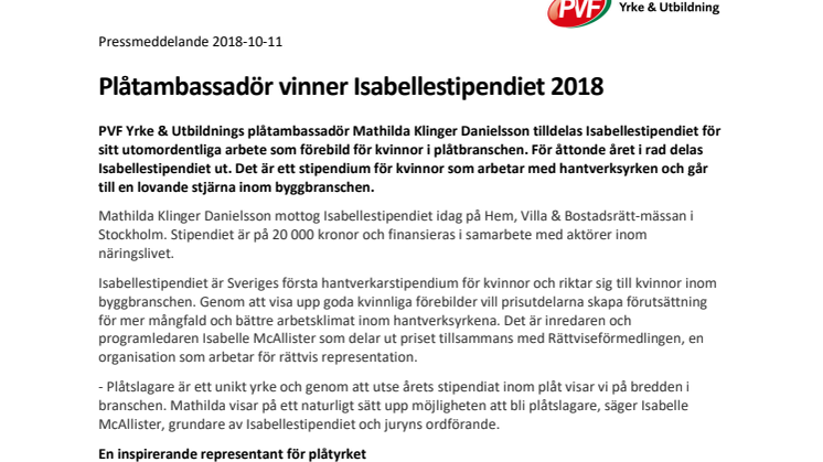 Plåtambassadör vinner Isabellestipendiet 2018