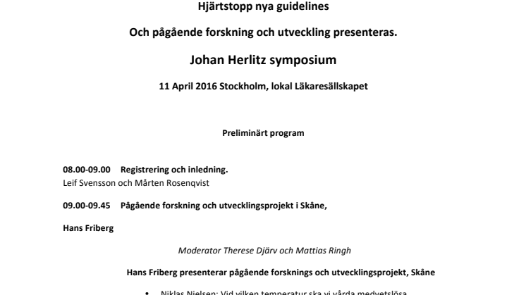 Vetenskapligt symposium om hjärtstopp den 11 april 2016