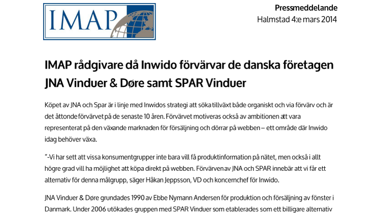 IMAP rådgivare då Inwido förvärvar de danska företagen JNA Vinduer & Døre samt SPAR Vinduer
