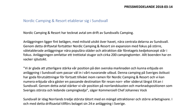 Nordic Camping & Resort etablerar sig i Sundsvall 