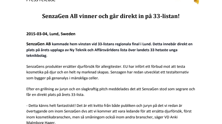 Ny Teknik & Affärsvärlden list SenzaGen AB as one of the 33 most promising young innovative companies in Sweden