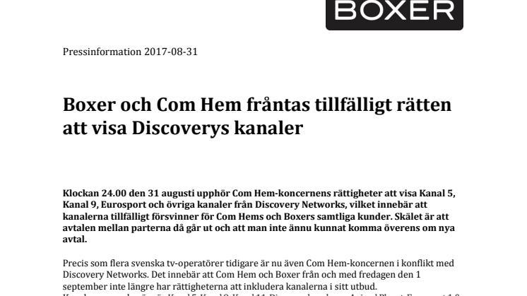 Boxer och Com Hem fråntas tillfälligt rätten att visa Discoverys kanaler 