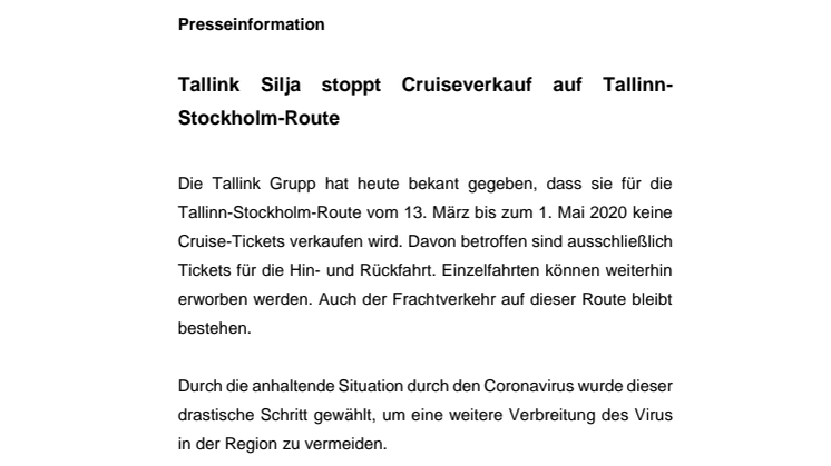 Tallink Silja stoppt Cruiseverkauf auf Tallinn-Stockholm-Route 