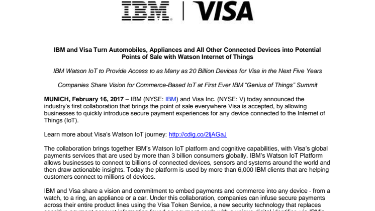 IBM and Visa Turn Automobiles, Appliances and All Other Connected Devices into Potential Points of Sale with Watson Internet of Things