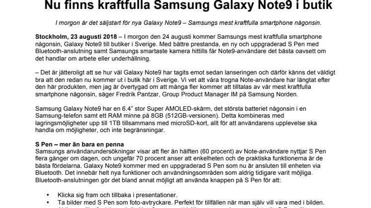Nu finns kraftfulla Samsung Galaxy Note9 i butik