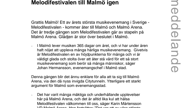 Melodifestivalen till Malmö igen 