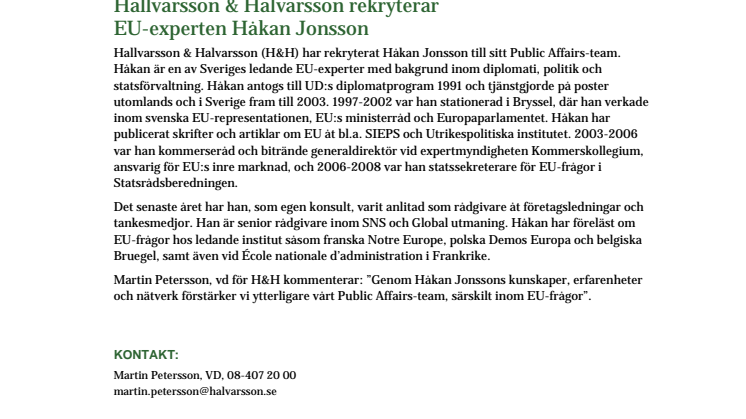 H&H rekryterar EU-experten Håkan Jonsson