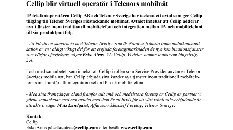Cellip blir virtuell operatör i Telenors mobilnät