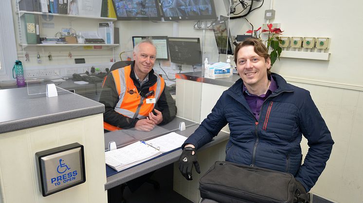 GTR's Accessibility Lead Carl Martin visits station Team Leader Timothy Hawkins at Three Bridges station's new accessible customer information point