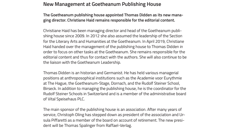 New Management at Goetheanum Publishing House