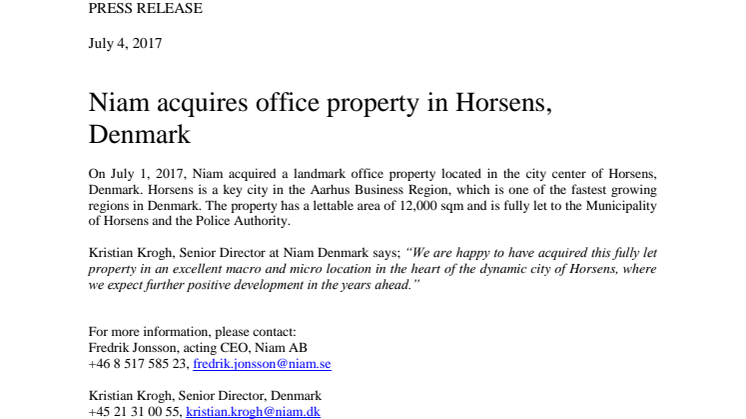 Niam acquires office property in Horsens, Denmark