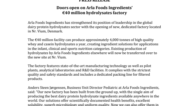 Doors open on Arla Foods Ingredients’ €40 million hydrolysates factory 