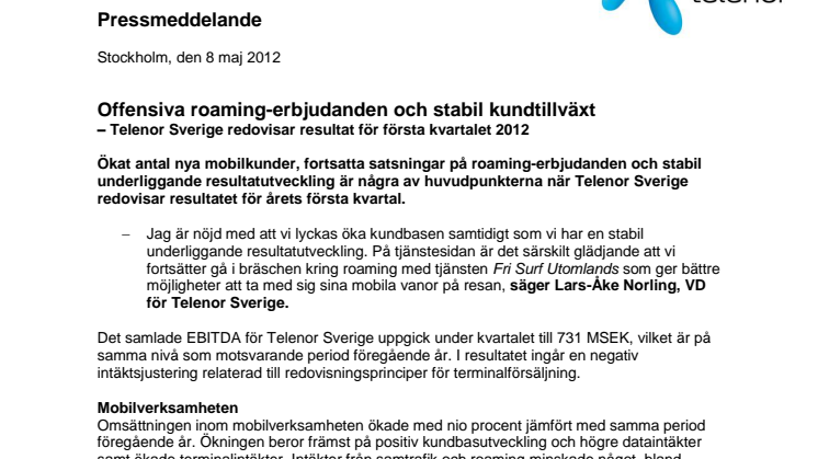 Offensiva roaming-erbjudanden och stabil kundtillväxt – Telenor Sverige redovisar resultat för första kvartalet 2012
