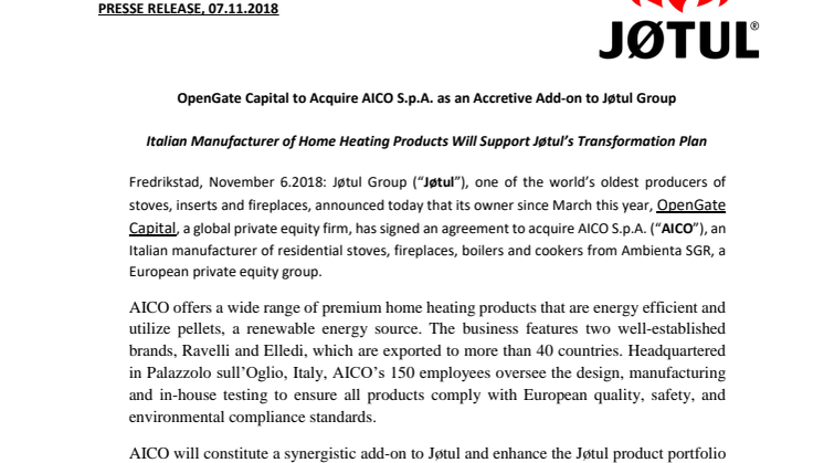OpenGate Capital to Acquire AICO S.p.A. as an Accretive Add-on to Jøtul Group
