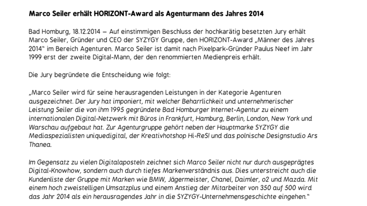 Marco Seiler erhält HORIZONT-Award als Agenturmann des Jahres 2014 