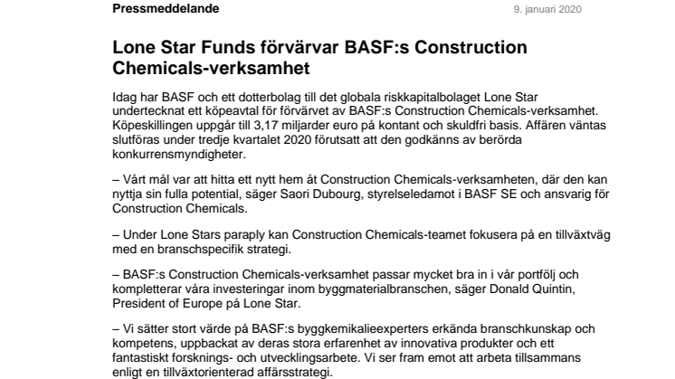 Lone Star Funds förvärvar BASF:s Construction Chemicals-verksamhet